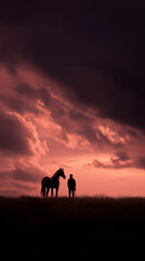 Fototapeta premium Silhouette of man with horse standing under dramatic sunset sky