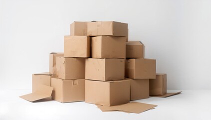 Obraz premium Stack of brown cardboard boxes isolated on white background