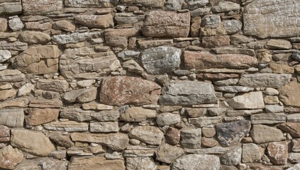 Fototapeta premium Texture of a natural stone wall perfect for background use, showcasing stones and rocks of different sizes.