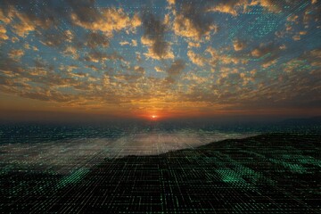 sunset over the digital horizon with glowing grid lines stretching into infinity blending natural beauty of evening clouds with futuristic data visualization concept of connection between earth