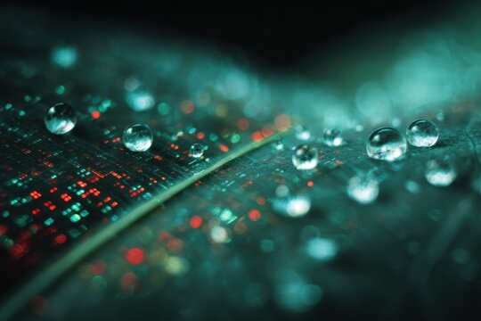 macro photography of water droplets on green surface illuminated with red and teal light resembling digital pixels merging natural textures with futuristic cyber aesthetic