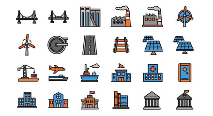 Collection of Industrial and Infrastructure Icons Representing Buildings and Structures.