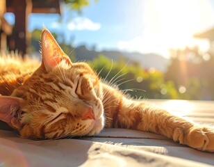 A content cat basking in sunlight on a wooden deck. Bokeh background with mountains