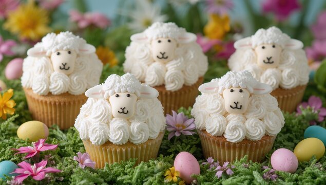Adorable sheep-shaped cupcakes with marshmallow, a fun and inventive treat for children's Easter celebrations - Powered by Adobe