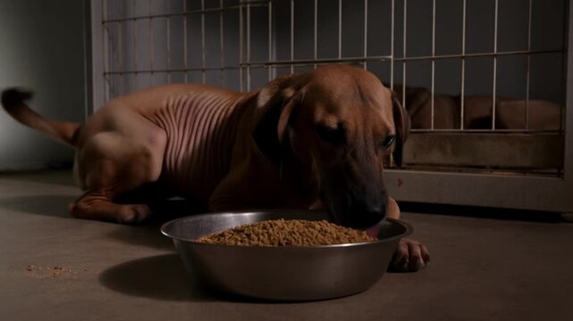 Volunteer's hand places a full food bowl before an emaciated dog in a shelter, the dog eating eagerly with gratitude, conveying basic need met with compassion.
