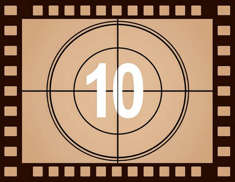 Film countdown graphic with the number 10 in white, set against a light brown background - Powered by Adobe