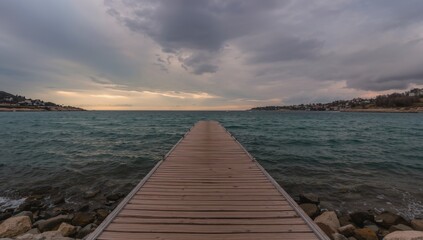 Wooden dock extending into the sea under an overcast sky