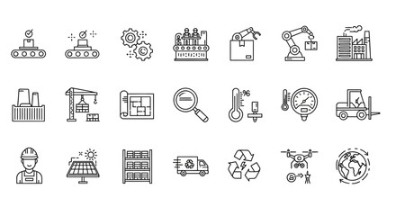 Collection of Industrial and Manufacturing Line Art Icons.