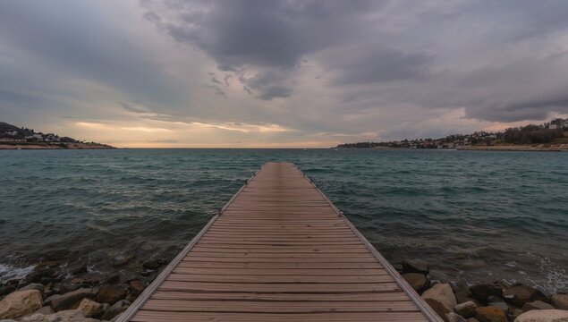 Fototapeta Wooden dock extending into the sea under an overcast sky