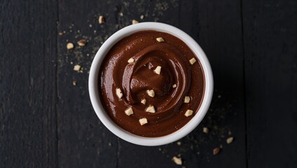 Top-down view of a homemade chocolate and hazelnut spread on a dark surface