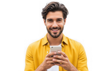 Smiling man holding smartphone engaging with technology and people connected transparent background