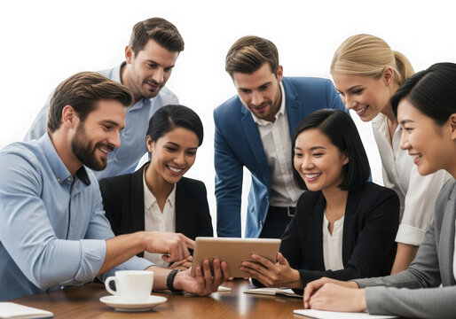 Diverse business team collaborating effectively around a digital tablet transparent background