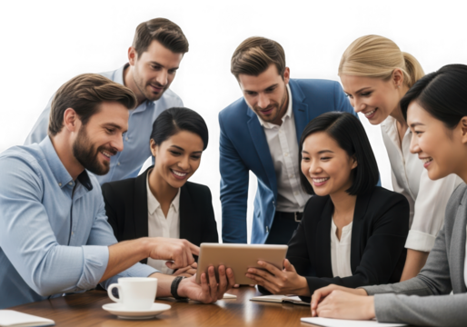 Diverse business team collaborating effectively around a digital tablet transparent background