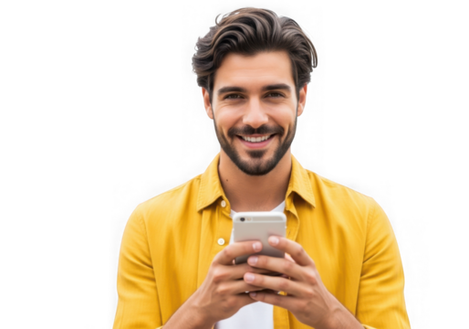 Smiling man holding smartphone engaging with technology and people connected transparent background
