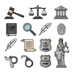 Collection of Law and Justice Icons Depicting Legal Symbols and Elements.