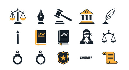 Collection of Law and Justice Icons Depicting Scales, Books, and Symbols.