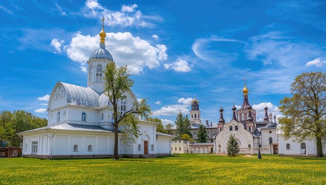 Scenic panorama of the historic Saint Sergius monastery, a key site in the famous Golden Ring tour circuit.