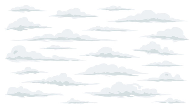 White and gray cartoonstyle clouds scattered across a white background