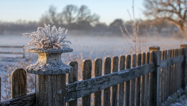 Frozen metal post cap and willow decorations on a wooden garden fence during a cold winter dawn.