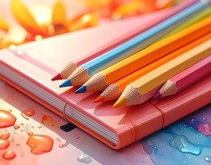 Colorful pencils arranged over a pink notebook with water droplets around, bright light