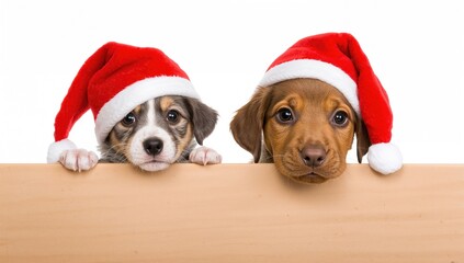 Young dog and cat wearing festive red hats peeking out from behind a blank sign and staring at the viewer on a white backdrop