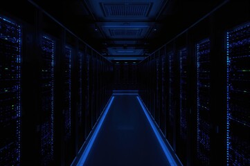 Photograph of a contemporary dimly-lit data center featuring vibrant blue neon lights