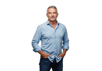 Confident middle-aged man in casual shirt and jeans posing hands in pockets transparent background