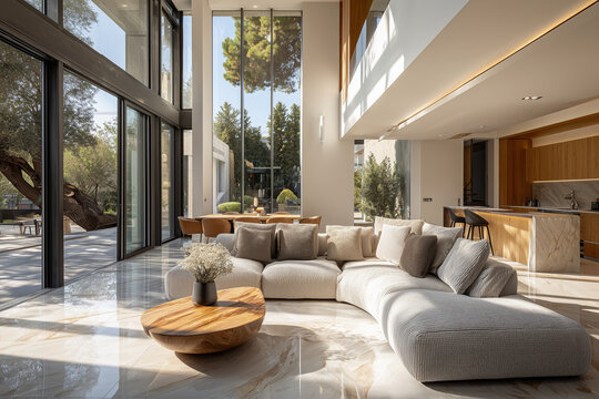 Interior de sala de estar com linda arquitetura, um p&eacute; direito duplo, incr&iacute;vel design de interiores, decora&ccedil;&atilde;o moderna, renderiza&ccedil;&atilde;o 3D, ilustra&ccedil;&atilde;o 3D