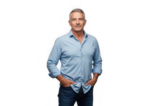 Confident middle-aged man in casual shirt and jeans posing hands in pockets transparent background