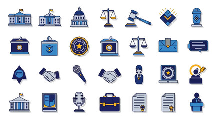 Collection of Law and Justice Icons with Blue and Gold Accents.