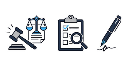 Collection of legal, administrative, and documentation vector icons - gavel, scales, checklist, magnifying glass, and pen.