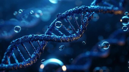 Close-up of intricate blue DNA strands suspended in a liquid. Tiny bubbles float around, creating a captivating scientific scene. The environment looks alive with dynamic movement and color. - Powered by Adobe