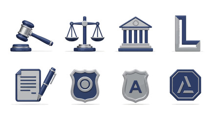 Collection of Legal and Justice Icons - Gavel, Scales, Courthouse, Document, Badge.