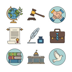 Collection of Legal and Justice Icons Representing Law and Order.