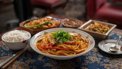 Spicy Stir-Fried Noodles Served on a Patterned Tablecloth