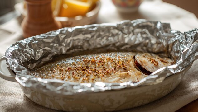 Fish cooked in foil with herbs and spices in a ceramic dish