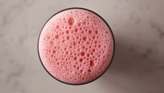 Close-up view of a frothy pink berry smoothie with bubbly texture from the top. - Powered by Adobe