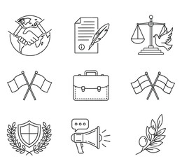 Collection of Line Art Icons Representing Justice, Law, and Global Agreements.