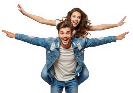 Joyful couple piggyback ride arms outstretched celebrating freedom and fun transparent background - Powered by Adobe