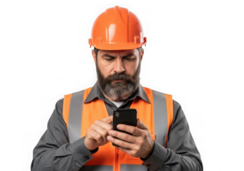Bearded construction worker in orange safety vest and hard hat uses smartphone transparent background