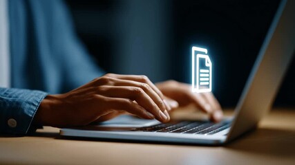 Hands typing on a laptop in a dimly lit office, focusing on creating marketing content. The scene highlights modern business practices and the importance of technology in work settings. - Powered by Adobe