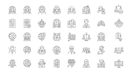 Collection of Line Art Icons Representing Various Concepts and Ideas in a Row.
