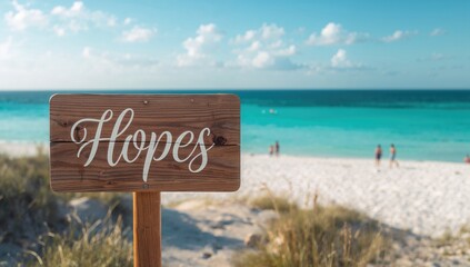 Wooden Signboard Displaying 'Hopes' Overlooking the Ocean Shore