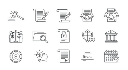 Collection of Line Art Legal and Business Icons Representing Various Concepts.