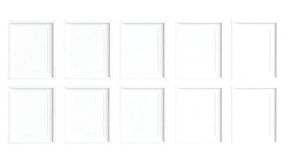 A grid of ten white picture frames, five across, arranged on a dark background, casting soft shadows