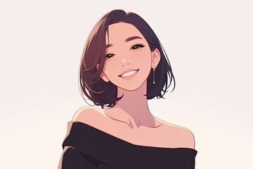 A Japanese style girl with short dark hair is illustrated with clean lines and a serene expression, reflecting minimalist beauty.