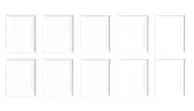 A grid of ten white picture frames, five across, arranged on a dark background, casting soft shadows