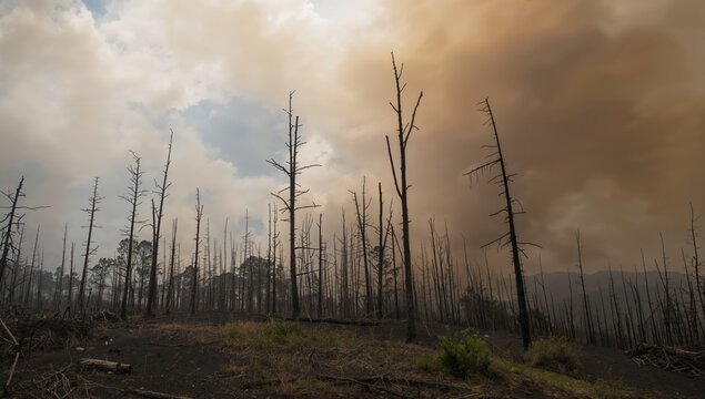 High trees standing atop a charred slope scorched by fire