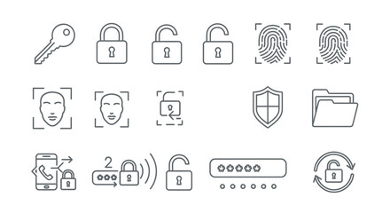 Collection of Line Art Security Icons Depicting Digital Access and Protection.