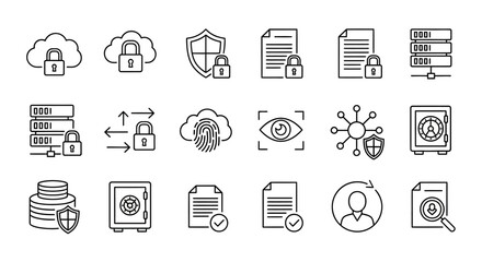 Collection of Line Art Security Icons Depicting Data Protection and Privacy.